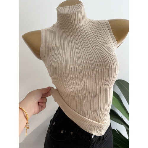 好搭哭~韓風歐尼ins氣質半高領坑條顯身材無袖背心上衣內搭打底衫