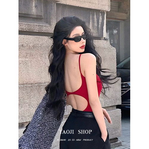 紅色露背連體吊帶背心女夏季新款帶胸墊內搭外穿海邊辣妹美背上衣