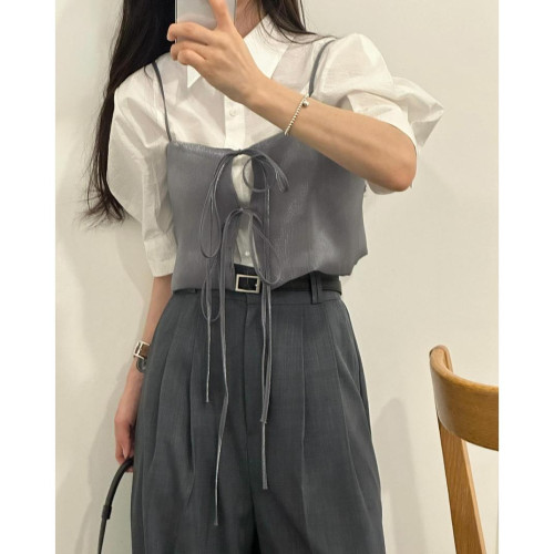韓國ins夏日法式小衆設計感蝴蝶結系帶曡穿短款吊帶背心女外穿潮