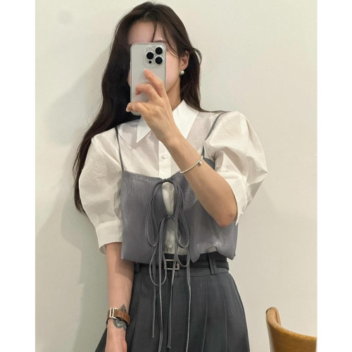 韓國ins夏日法式小衆設計感蝴蝶結系帶曡穿短款吊帶背心女外穿潮