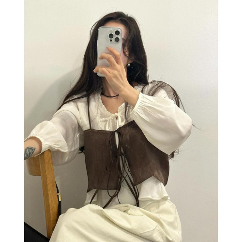 韓國ins夏日法式小衆設計感蝴蝶結系帶曡穿短款吊帶背心女外穿潮