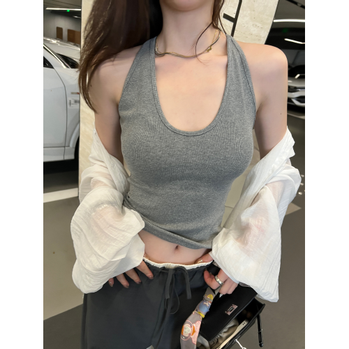 港式辣妹U領掛脖吊帶小背心女外穿夏季修身內搭氣質短款無袖上衣