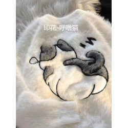 慵懶風仿貂絨卡通綉花毛衣女秋冬新款寬松針織打底衫軟糯植絨上衣