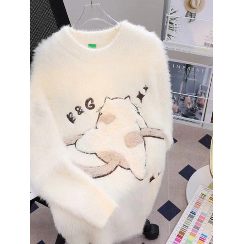 慵懶風仿貂絨卡通綉花毛衣女秋冬新款寬松針織打底衫軟糯植絨上衣