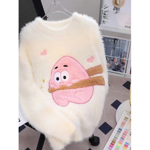 慵懶風仿貂絨卡通綉花毛衣女秋冬新款寬松針織打底衫軟糯植絨上衣