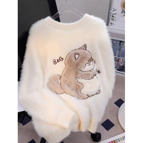 慵懶風仿貂絨卡通綉花毛衣女秋冬新款寬松針織打底衫軟糯植絨上衣