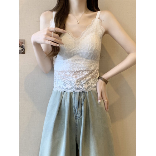 大碼法式蕾絲吊帶背心女外穿秋冬胖mm帶胸墊美背文胸一體內搭上衣