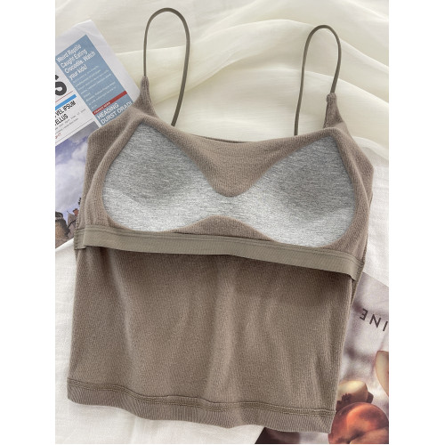 古妃秋冬磨毛細肩帶吊帶背心美背女帶胸墊內搭修身打底免文胸內衣