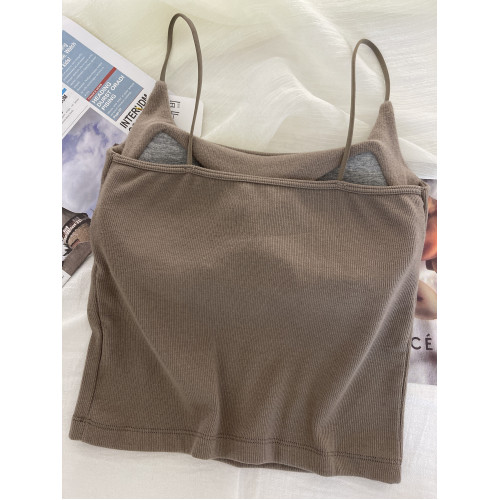 古妃秋冬磨毛細肩帶吊帶背心美背女帶胸墊內搭修身打底免文胸內衣