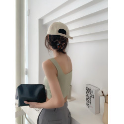 帶胸墊一字方領短款背心女夏外穿無袖露臍純棉吊帶防走光打底上衣