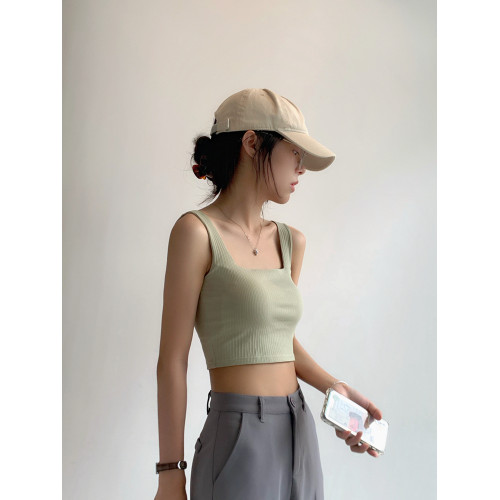 帶胸墊一字方領短款背心女夏外穿無袖露臍純棉吊帶防走光打底上衣