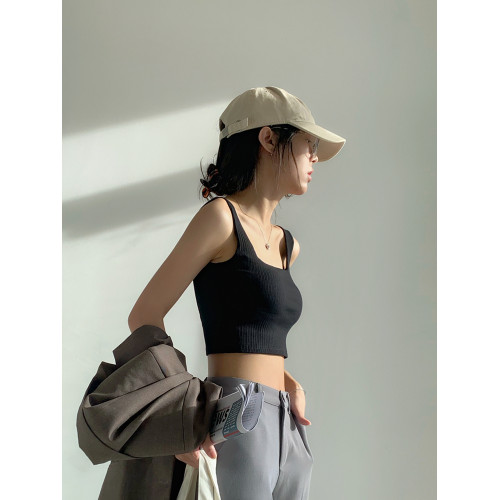 帶胸墊一字方領短款背心女夏外穿無袖露臍純棉吊帶防走光打底上衣