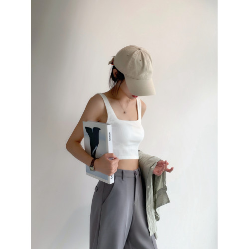 帶胸墊一字方領短款背心女夏外穿無袖露臍純棉吊帶防走光打底上衣