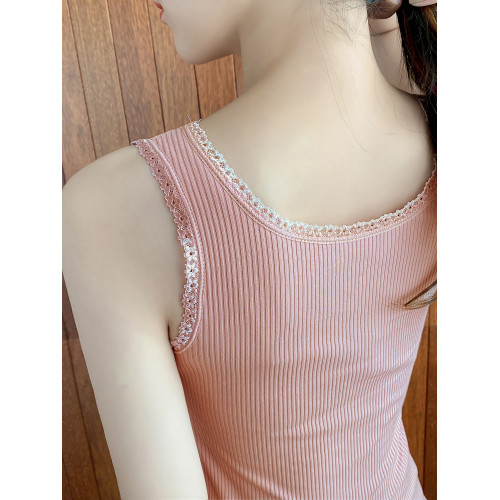 保暖背心女加絨加厚秋冬季螺紋棉蕾絲花邊大碼無袖內搭上衣打底衫