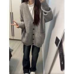 加厚版！慵懶風灰色單排釦毛衣開衫女外套秋裝新款韓版寬松針織衫