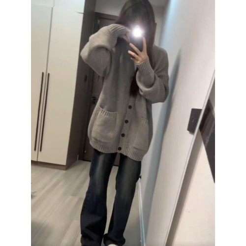 加厚版!慵懶風灰色單排釦毛衣開衫女外套秋裝新款韓版寬松針織衫 加厚版!慵懶風灰色單排釦毛衣開衫女外套秋裝新款韓版寬松針織衫