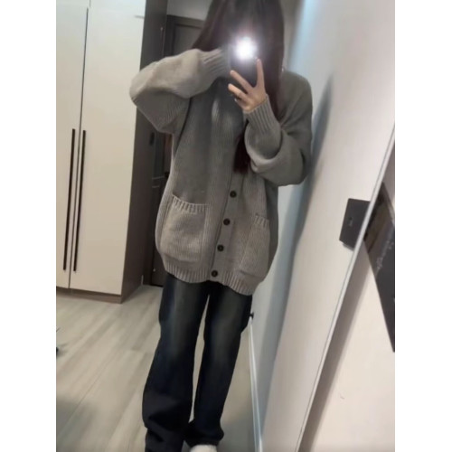 加厚版!慵懶風灰色單排釦毛衣開衫女外套秋裝新款韓版寬松針織衫 加厚版!慵懶風灰色單排釦毛衣開衫女外套秋裝新款韓版寬松針織衫