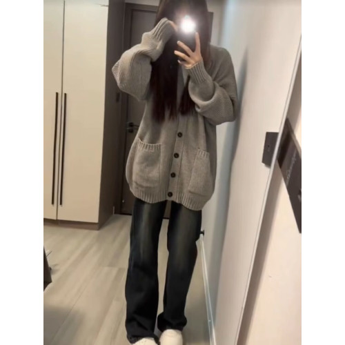 加厚版!慵懶風灰色單排釦毛衣開衫女外套秋裝新款韓版寬松針織衫 加厚版!慵懶風灰色單排釦毛衣開衫女外套秋裝新款韓版寬松針織衫