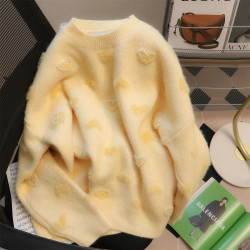 釘珠愛心毛衣女秋冬季學生寬松軟糯針織衫溫柔風減齡套頭圓領上衣