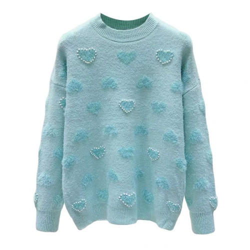 釘珠愛心毛衣女秋冬季學生寬松軟糯針織衫溫柔風減齡套頭圓領上衣