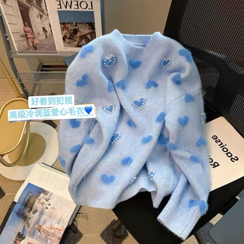 釘珠愛心毛衣女秋冬季學生寬松軟糯針織衫溫柔風減齡套頭圓領上衣