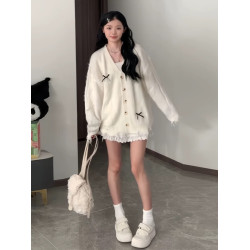 設計感蝴蝶結v領開衫針織衫春秋上衣毛衣外套百搭氣質慵懶風上衣