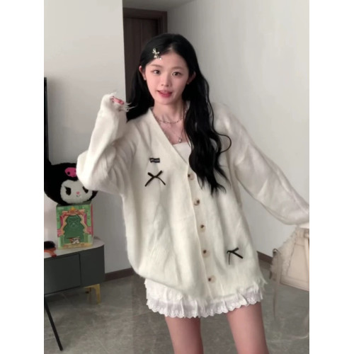 設計感蝴蝶結v領開衫針織衫春秋上衣毛衣外套百搭氣質慵懶風上衣