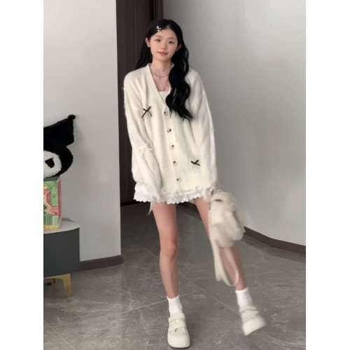 設計感蝴蝶結v領開衫針織衫春秋上衣毛衣外套百搭氣質慵懶風上衣