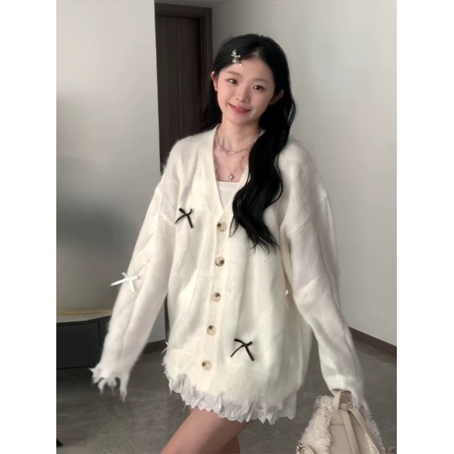 設計感蝴蝶結v領開衫針織衫春秋上衣毛衣外套百搭氣質慵懶風上衣