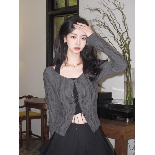 網紅同款歐美廢土風假兩件掛脖綁帶倆件套修身長袖T恤短款上衣女 網紅同款歐美廢土風假兩件掛脖綁帶倆件套修身長袖T恤短款上衣女