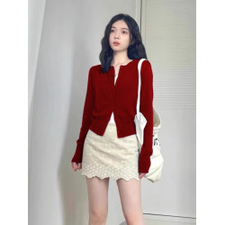 法式小香風聖誕新年紅色針織開衫毛衣女高級感打底衫外套上衣秋冬