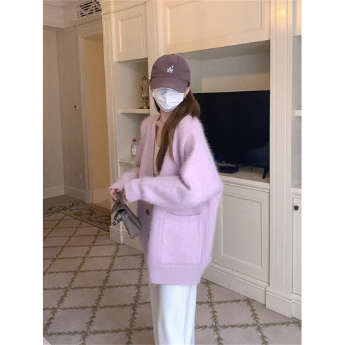 紫色水貂毛開衫毛衣外套女秋冬季2025新款溫柔韓系慵懶中長款針織 紫色水貂毛開衫毛衣外套女秋冬季2025新款溫柔韓系慵懶中長款針織