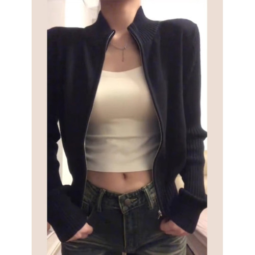 早初秋季穿搭黑色拉鍊毛衣外套女秋冬2024新款短款顯瘦修身上衣潮 早初秋季穿搭黑色拉鍊毛衣外套女秋冬2024新款短款顯瘦修身上衣潮