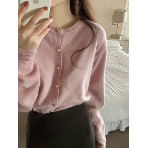 粉色針織開衫女春秋季溫柔風浣熊絨高級感短款毛衣外套小個子上衣 粉色針織開衫女春秋季溫柔風浣熊絨高級感短款毛衣外套小個子上衣