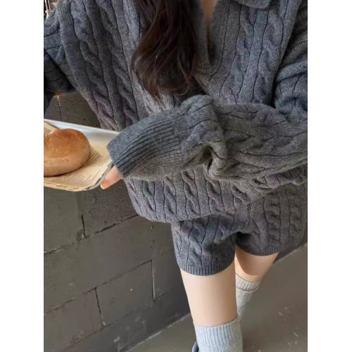 韓系POLO領麻花毛衣短褲兩件套裝女冬寬松慵懶風針織上衣時尚套裝 韓系POLO領麻花毛衣短褲兩件套裝女冬寬松慵懶風針織上衣時尚套裝