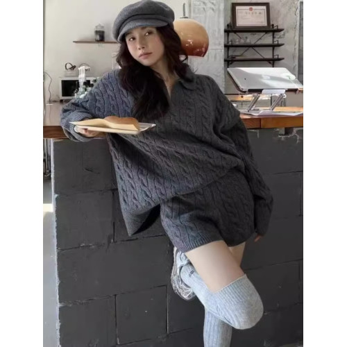 韓系POLO領麻花毛衣短褲兩件套裝女冬寬松慵懶風針織上衣時尚套裝 韓系POLO領麻花毛衣短褲兩件套裝女冬寬松慵懶風針織上衣時尚套裝