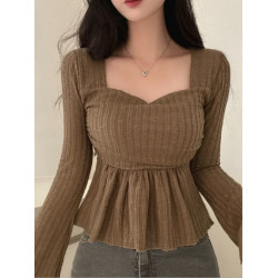 韓國chic春季氣質方領喇叭袖針織衫女收腰顯瘦荷葉邊長袖打底t恤