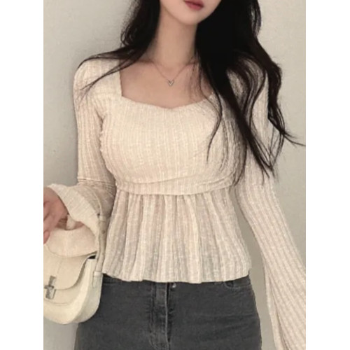 韓國chic春季氣質方領喇叭袖針織衫女收腰顯瘦荷葉邊長袖打底t恤 韓國chic春季氣質方領喇叭袖針織衫女收腰顯瘦荷葉邊長袖打底t恤