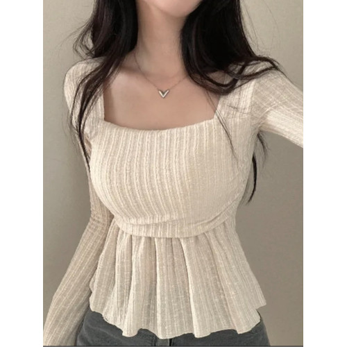 韓國chic春季氣質方領喇叭袖針織衫女收腰顯瘦荷葉邊長袖打底t恤 韓國chic春季氣質方領喇叭袖針織衫女收腰顯瘦荷葉邊長袖打底t恤