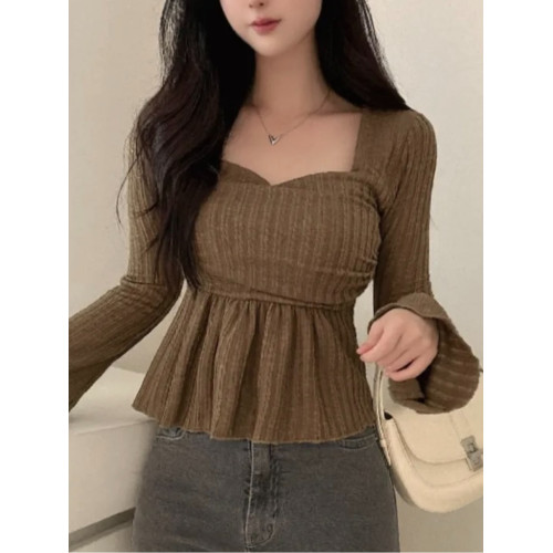 韓國chic春季氣質方領喇叭袖針織衫女收腰顯瘦荷葉邊長袖打底t恤 韓國chic春季氣質方領喇叭袖針織衫女收腰顯瘦荷葉邊長袖打底t恤