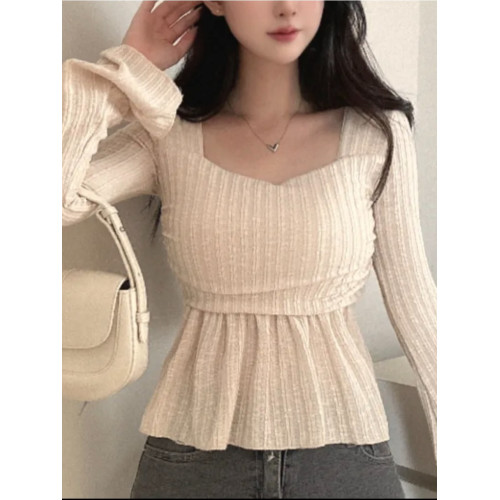 韓國chic春季氣質方領喇叭袖針織衫女收腰顯瘦荷葉邊長袖打底t恤 韓國chic春季氣質方領喇叭袖針織衫女收腰顯瘦荷葉邊長袖打底t恤