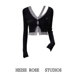 黑色短款假兩件不規則設計感長袖針織開衫上衣女秋冬辣妹修身毛衣