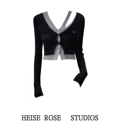 黑色短款假兩件不規則設計感長袖針織開衫上衣女秋冬辣妹修身毛衣