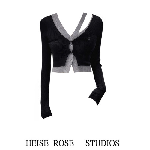 黑色短款假兩件不規則設計感長袖針織開衫上衣女秋冬辣妹修身毛衣