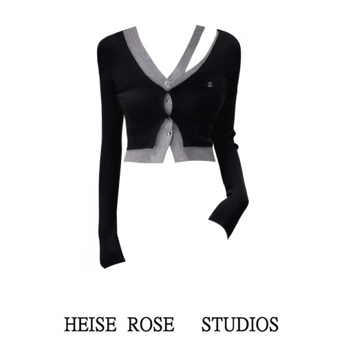 黑色短款假兩件不規則設計感長袖針織開衫上衣女秋冬辣妹修身毛衣