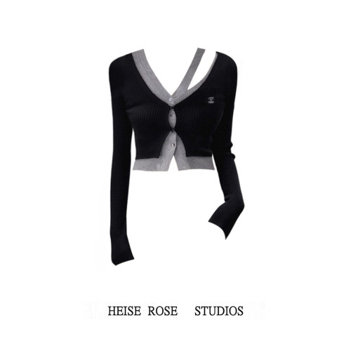 黑色短款假兩件不規則設計感長袖針織開衫上衣女秋冬辣妹修身毛衣