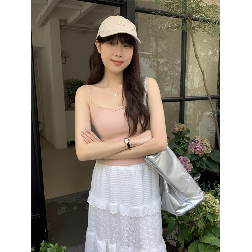 蝴蝶結蕾絲邊白色絕美帶胸墊小吊帶背心女夏外穿內搭打底無袖上衣