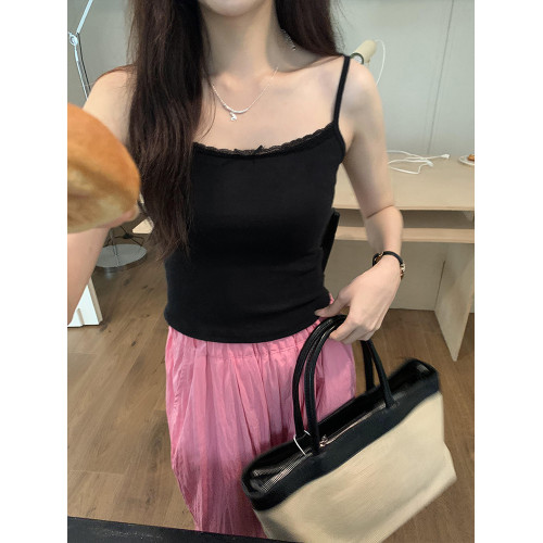 蝴蝶結蕾絲邊白色絕美帶胸墊小吊帶背心女夏外穿內搭打底無袖上衣