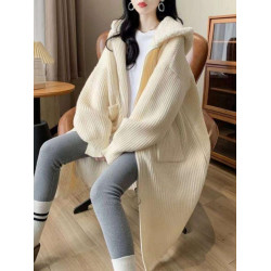 韓版慵懶風加厚外套秋冬季新款羊羔毛連帽長款毛衣女寬松上衣開衫