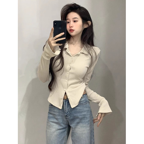 Polo領辣妹正肩長袖T恤女秋季設計感修身內搭打底衫喇叭袖上衣潮 Polo領辣妹正肩長袖T恤女秋季設計感修身內搭打底衫喇叭袖上衣潮